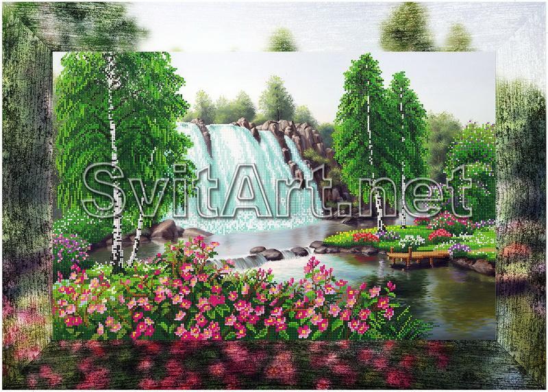 Схема для вышивки бисером на подрамнике XB SI-838. ВОДОПАД В ЛЕСУ