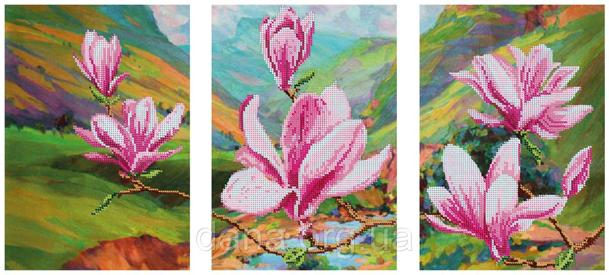 Схема для часткової вишивки бісером Цвітіння магнолій триптих 