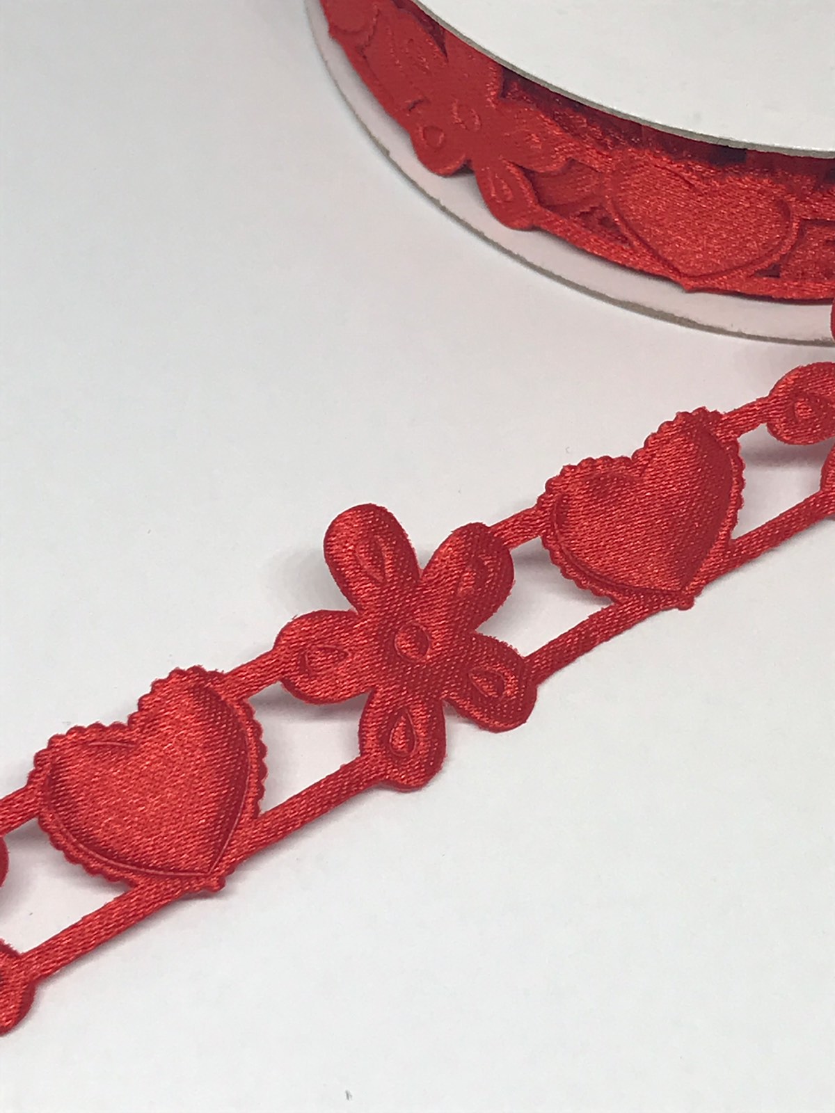Мереживна стрічка сердечки+квіточки 1,5 см, червона