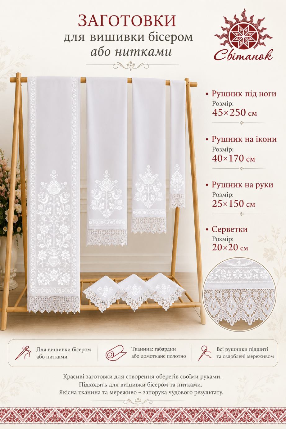 Пошиий весільний комплект для вишивання (білий)