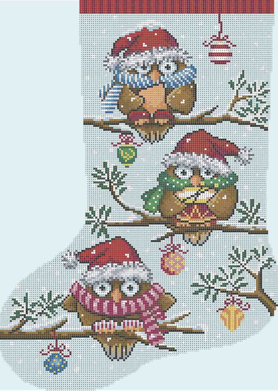 Схема для вишивки бісером різдвяної шкарпетки А3-К-478 Новорічні сови