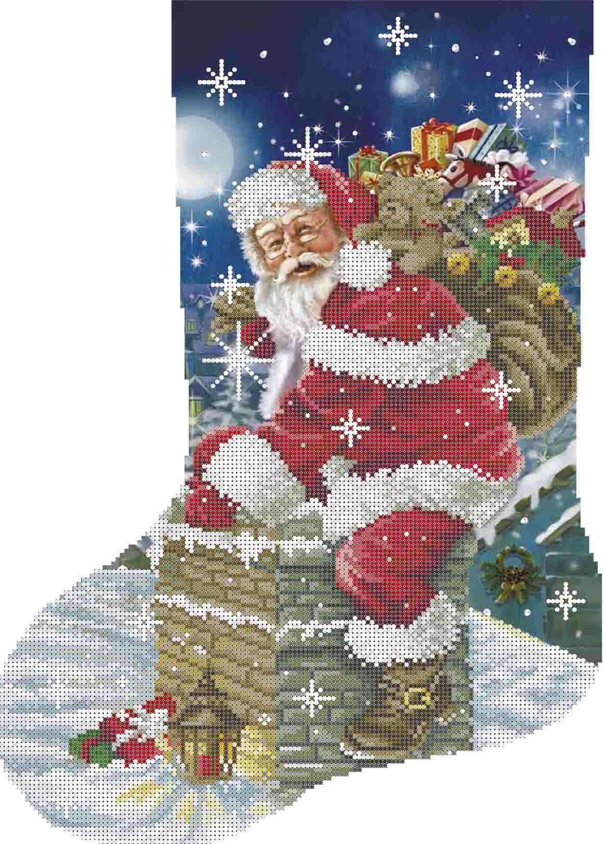 Схема для вишивки бісером різдвяної шкарпетки А3-К-954 Санта з подарунками