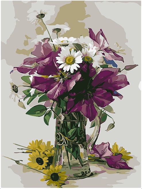 Набір для малювання картини за номерами 180684 Великий фіолетовий клематис і білі ромашки